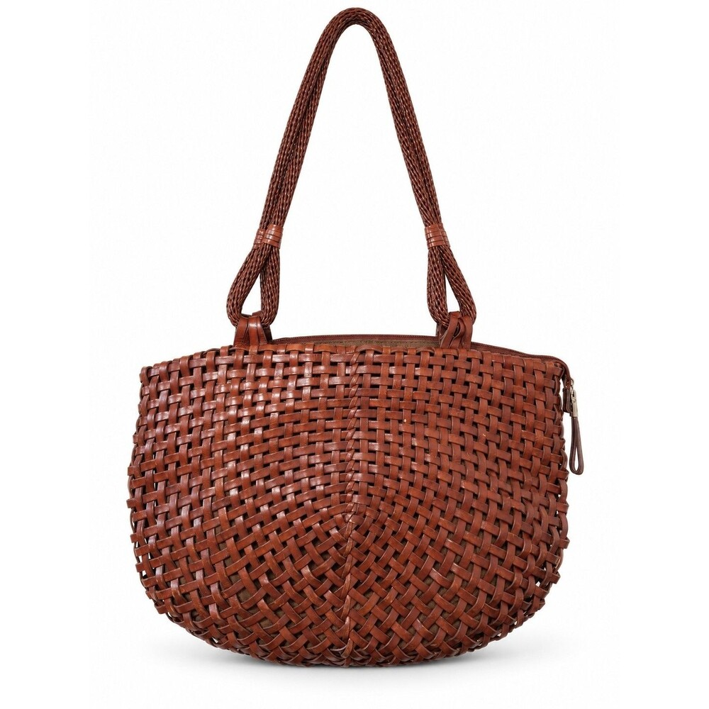 Borsetta Milano Genuine Leather Brown Woven Tote Shoulder Bag Zip Top Large